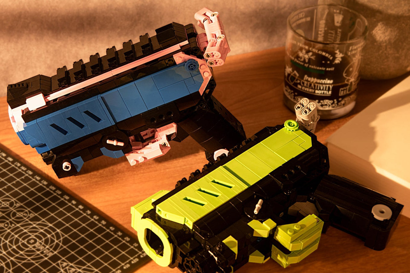 block gun blaster neon tide green phantom on table in sunset blue pink black grey