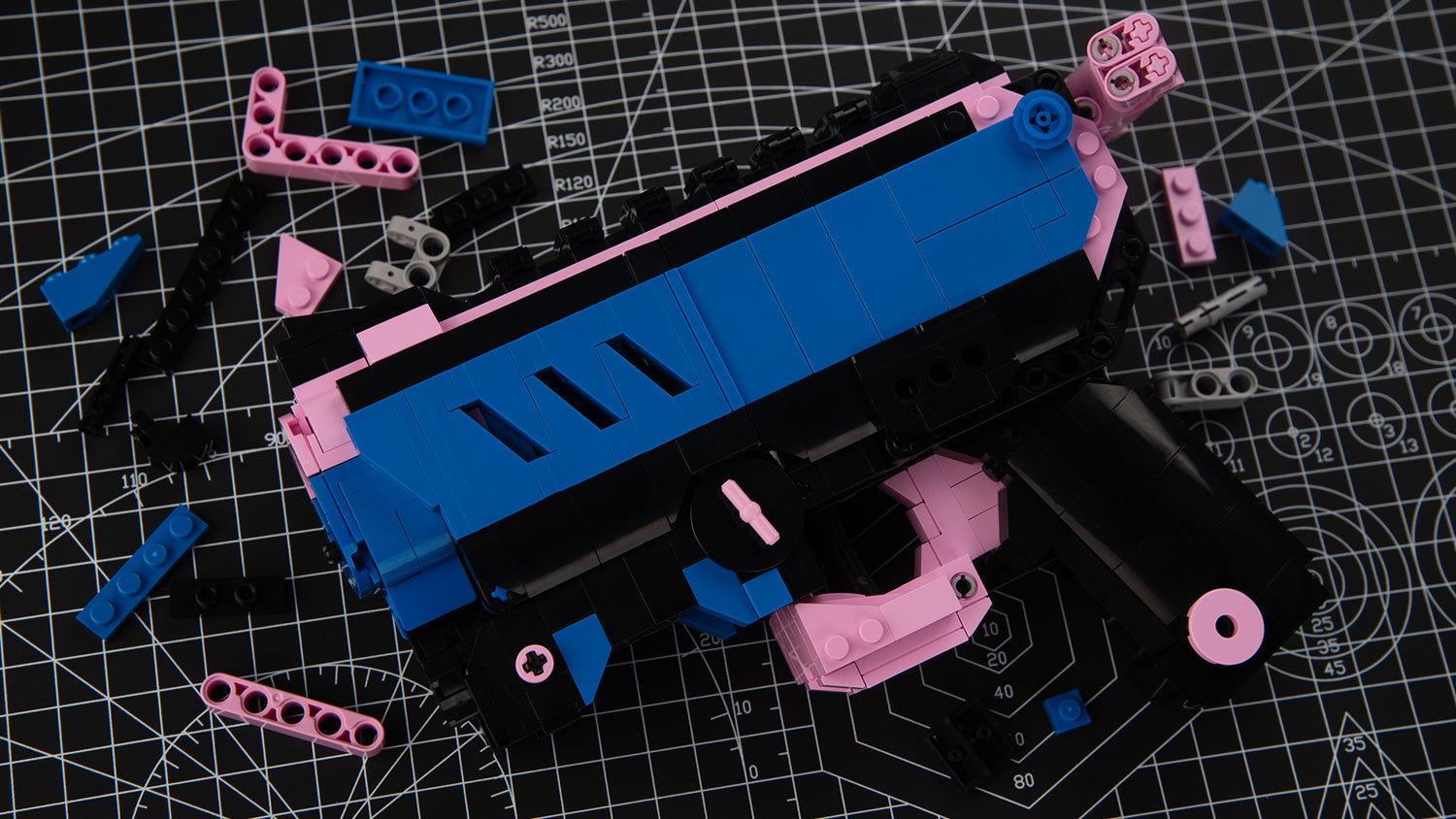 block gun blaster and scattered block parts-neon tide blue pink black