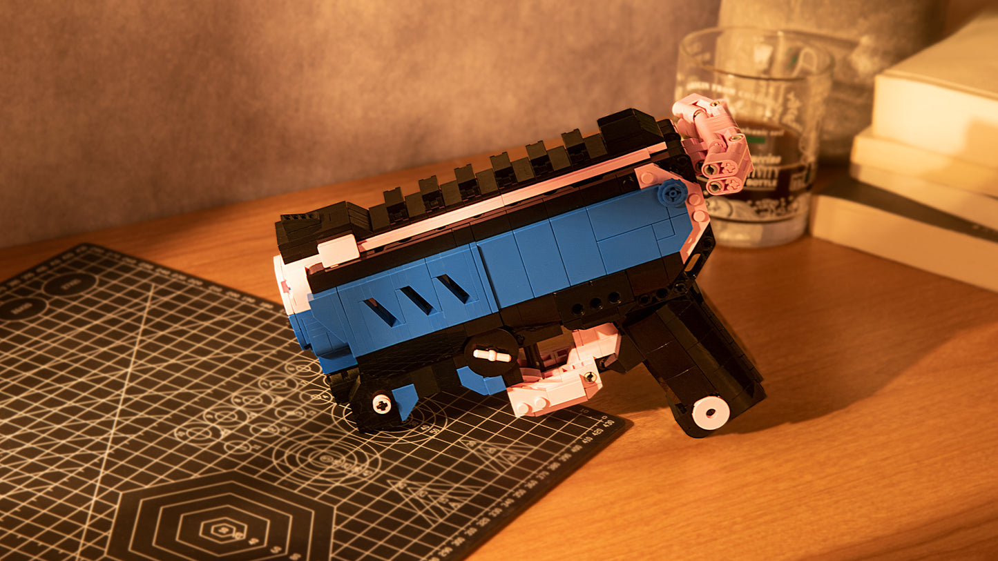 neon tide block gun blaster on table in sunset