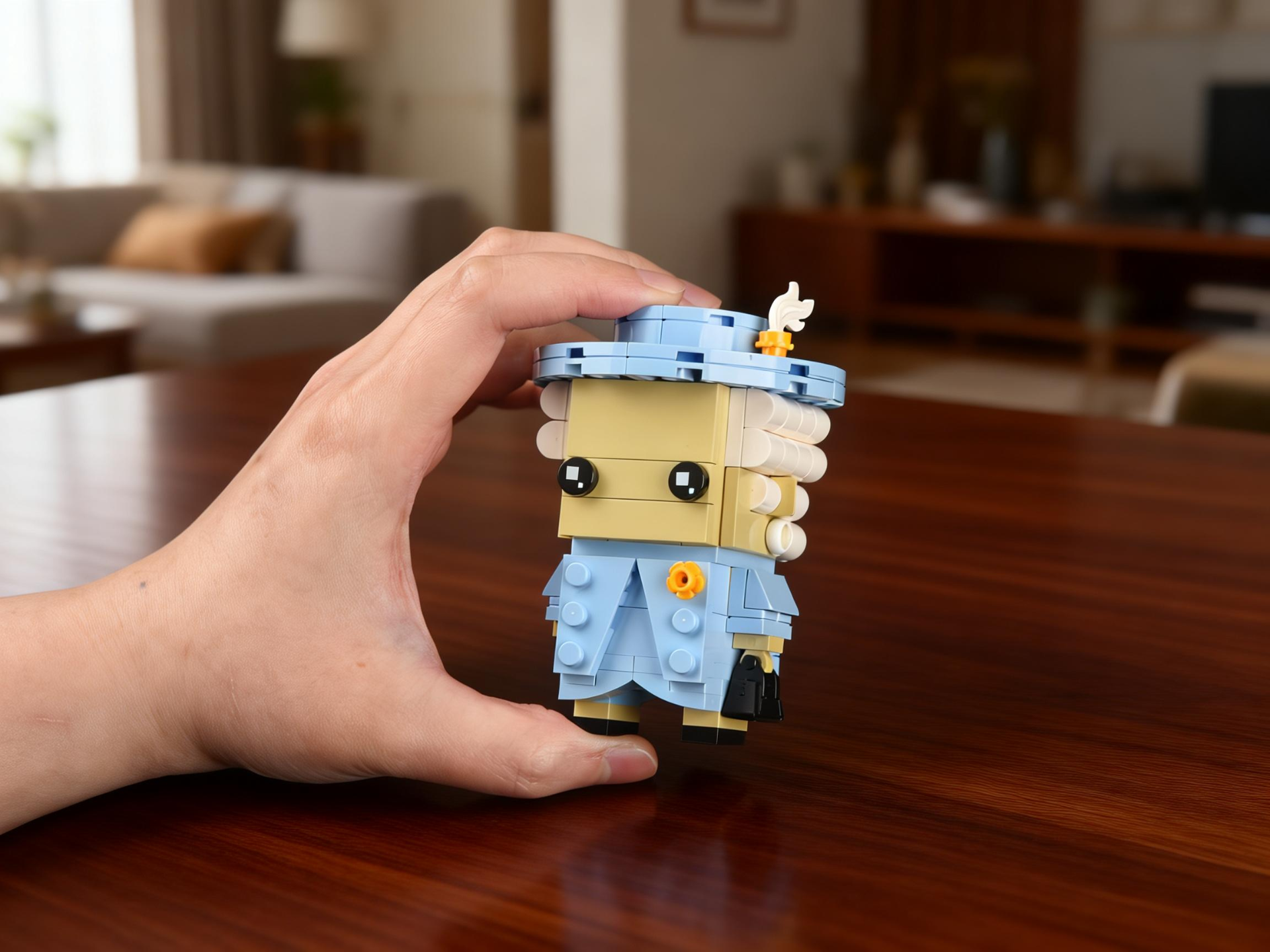 Bloxday Queen of Blocks on a wooden home desk held in human hand