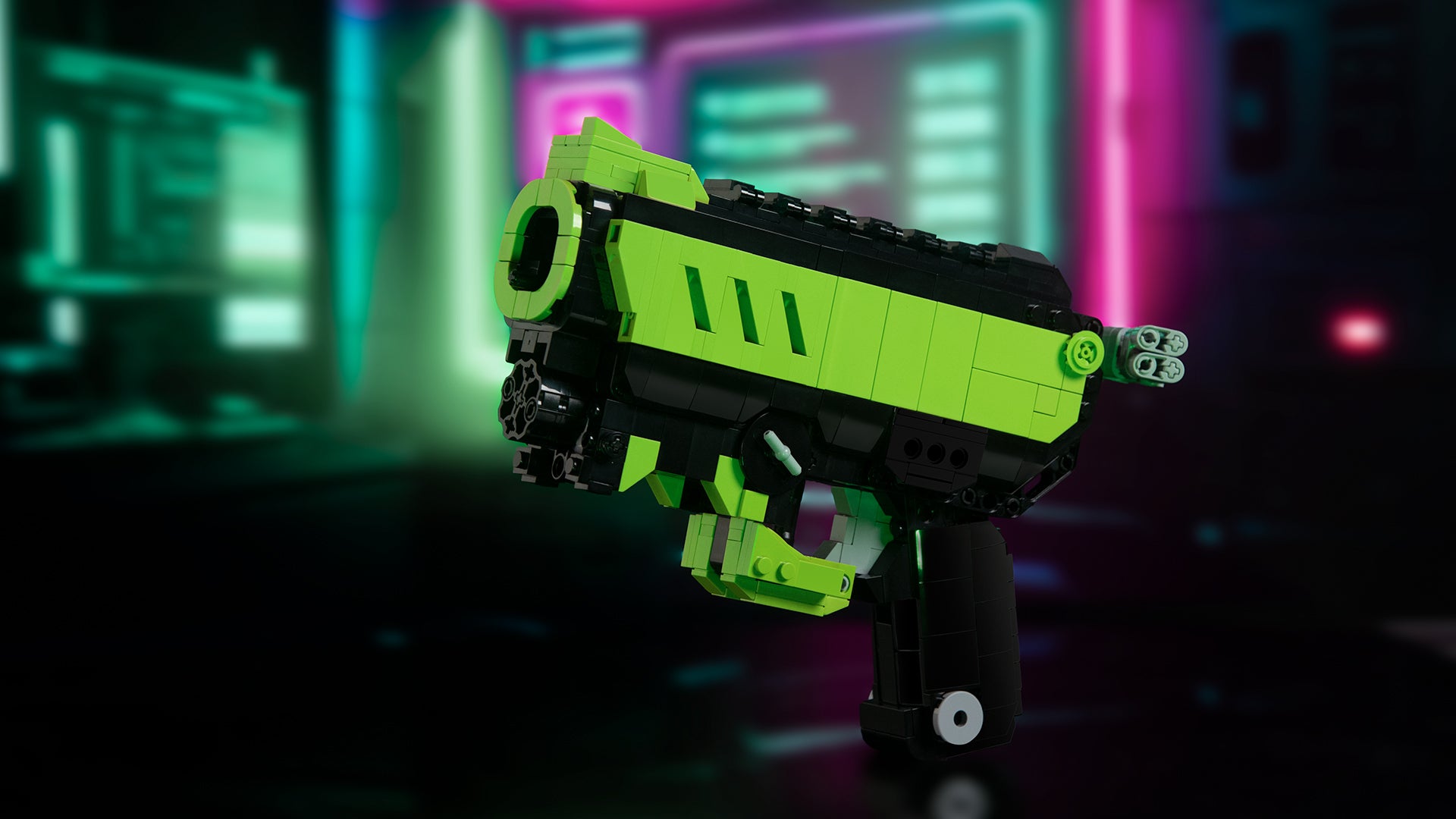 bloxday green phantom block gun blaster set in cyber neon style